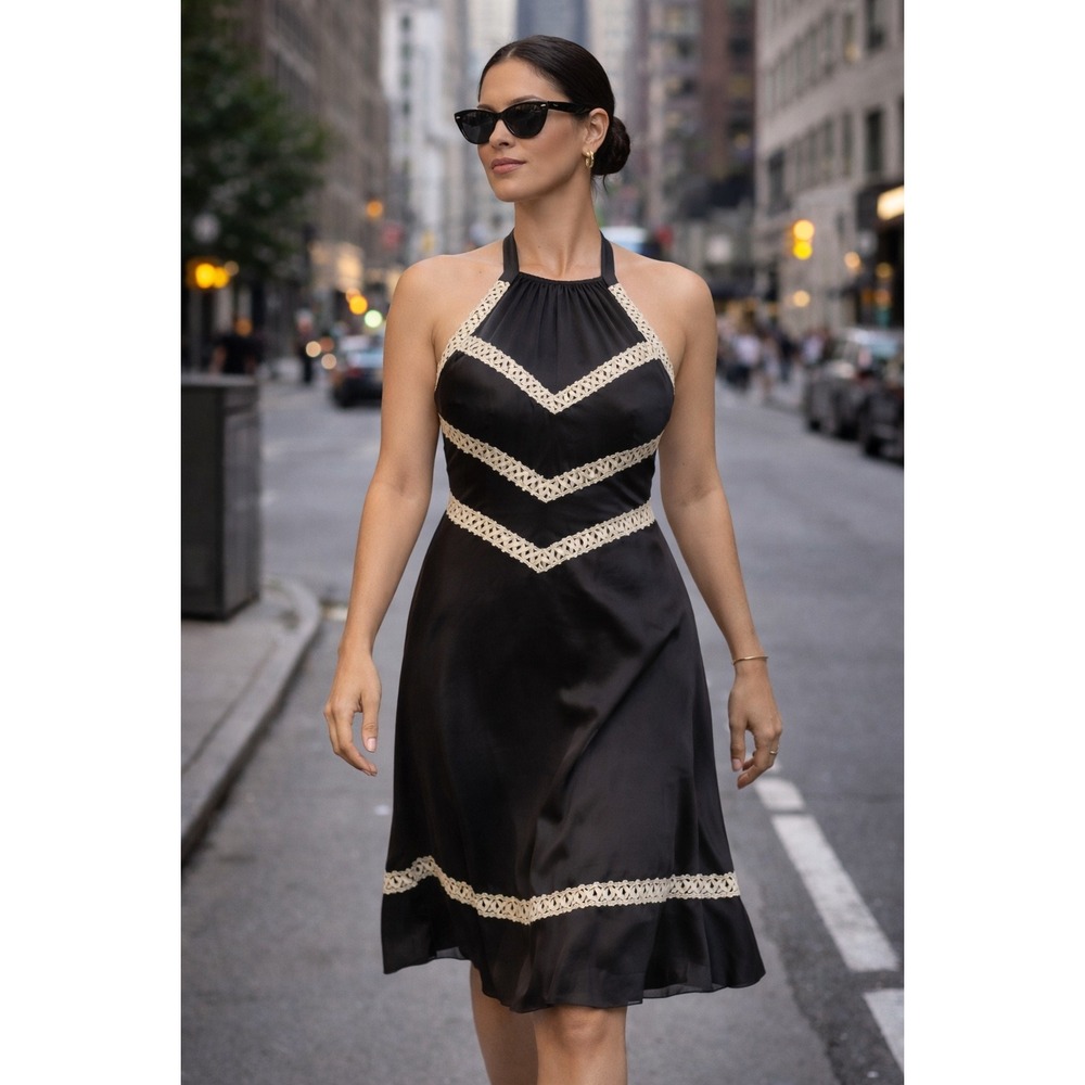 Tocca Black Silk Halter Dress Chevron Lace‎ Trim Knee Length Size 4